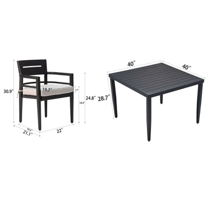 Dimensions of 5-piece outdoor patio aluminum dining set including cushioned dining chair and 40-inch square dining table in ember black.