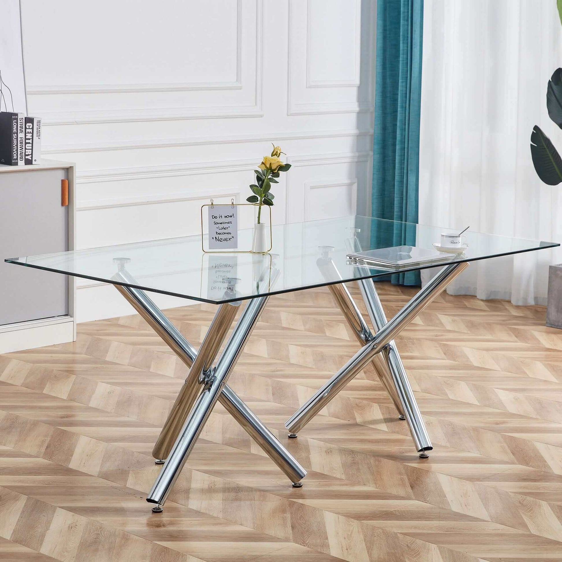 Large modern rectangular tempered glass tabletop dining table in stylish, contemporary dining room setting.