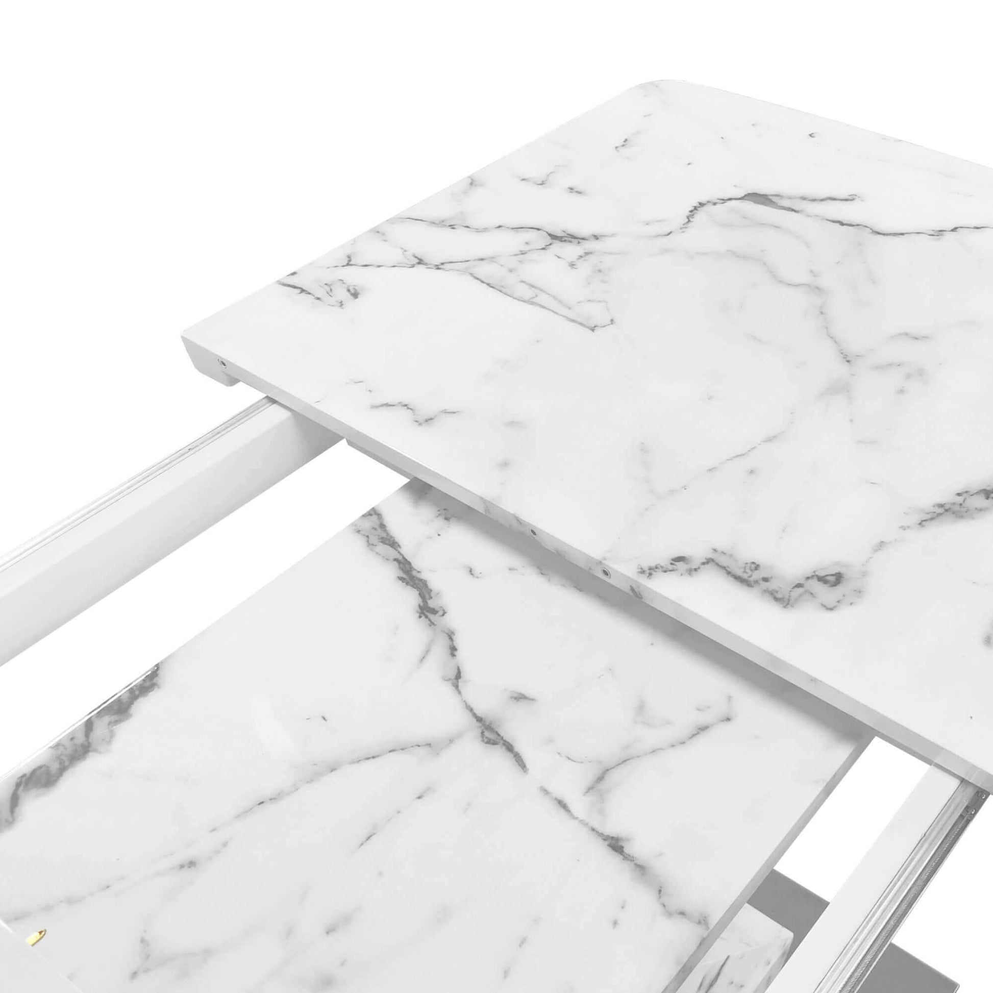 Modern stretchable dining table with white marble top and sturdy metal base, perfect for adjustable seating in dining rooms.