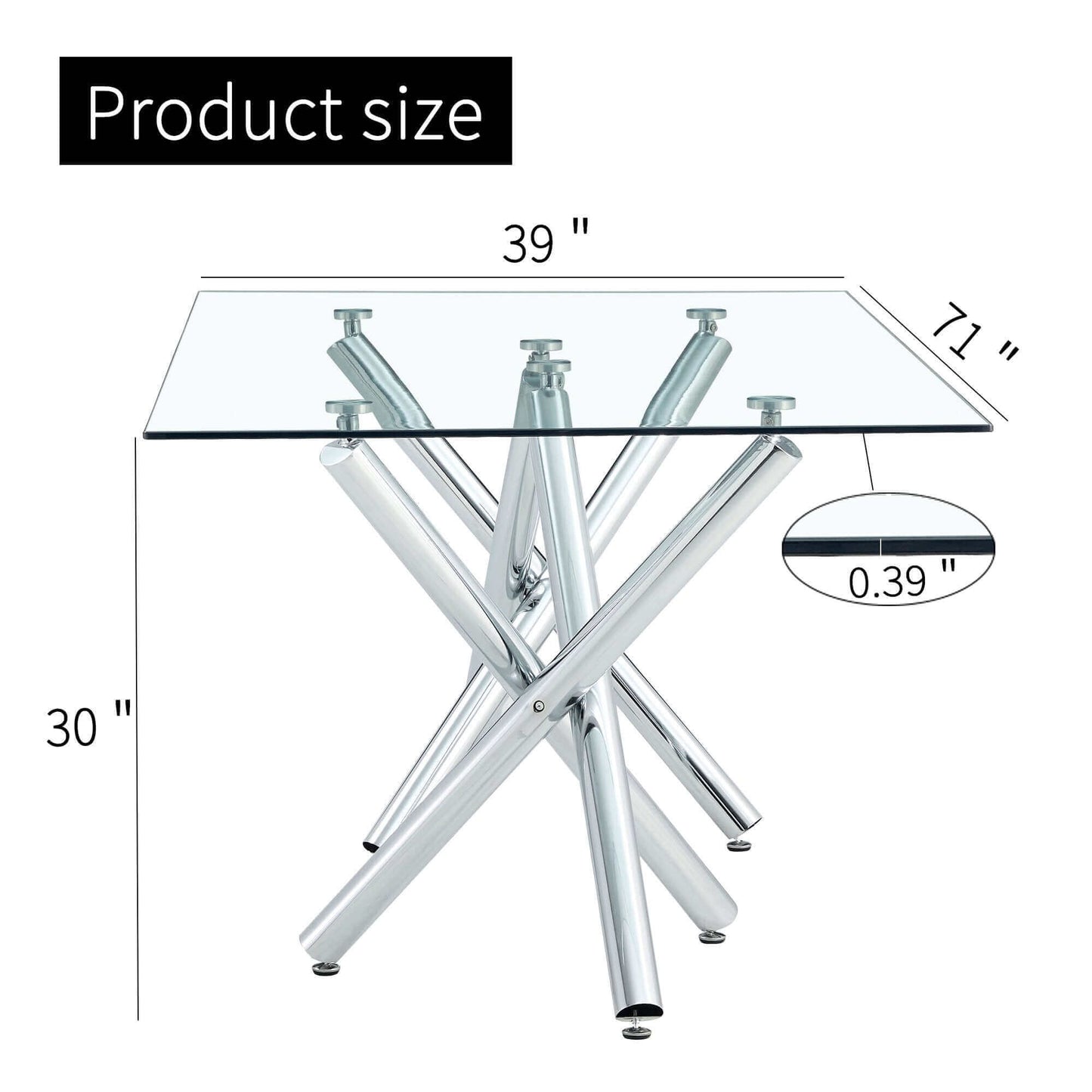 Dimensions of Large Modern Rectangular Tempered Glass Tabletop shown with steel legs and measurements of 39" x 71" x 30" inches