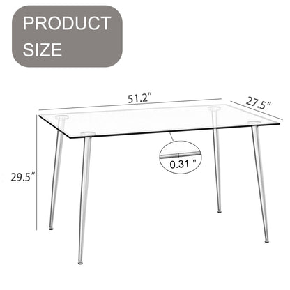 51 inch glass dining table set dimensions with black metal legs, 29.5 inches high, 27.5 inches wide, and 0.31 inch thick tempered glass top