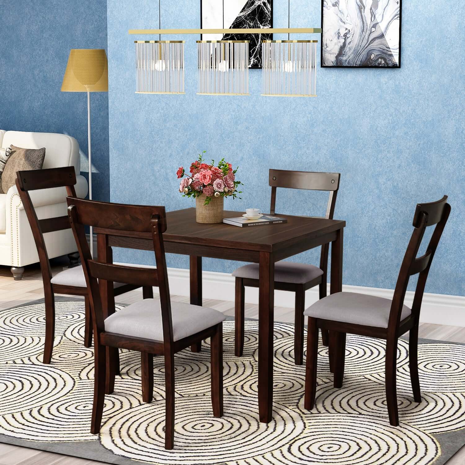 5 Piece Dining Table Set Industrial Wooden Kitchen Table and 4 Espresso Chairs in Modern Dining Room