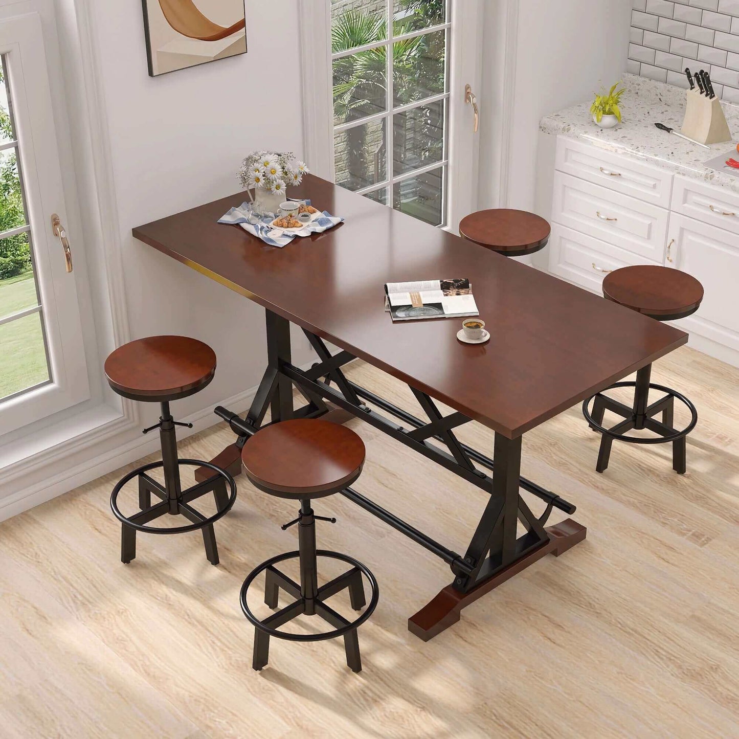 5-Piece classic dining table set with a 59" rectangular wooden table and adjustable metal chairs in an airy dining area.