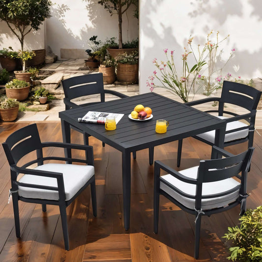 Modern 5-piece outdoor patio aluminum dining set with 4 cushioned chairs and 40" square dining table with umbrella hole in Ember Black.