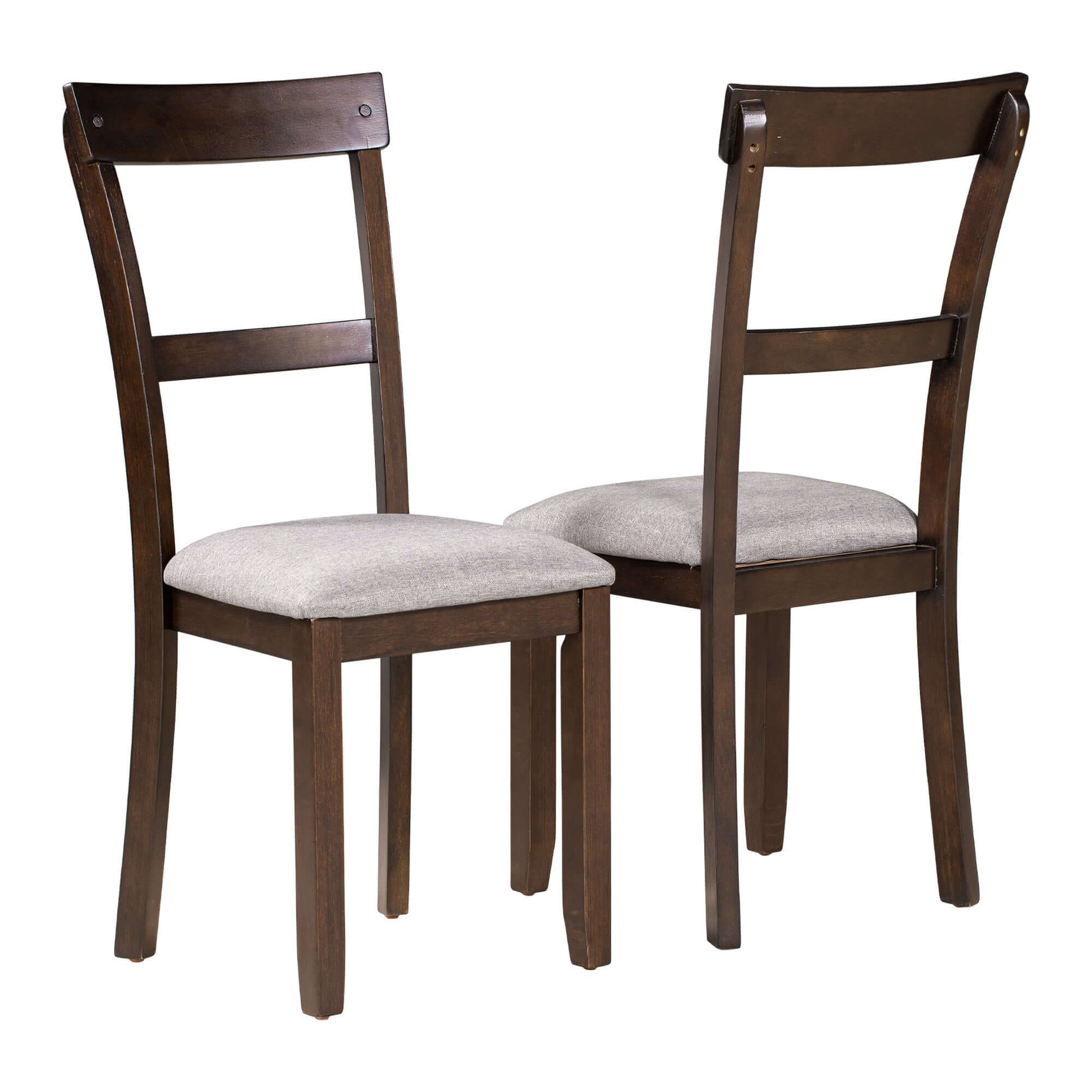 Two wooden dining chairs from the 5 Piece Dining Table Set in espresso finish with cushioned seats, showcasing industrial style for the dining room.