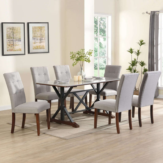 7-piece modern dining table set with gray sintered stone table and six tufted upholstered chairs in dining room with wooden floor and large window