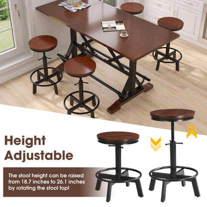 5-piece dining table set with stabilizing base and adjustable metal stools, espresso color, displayed in a bright dining room.