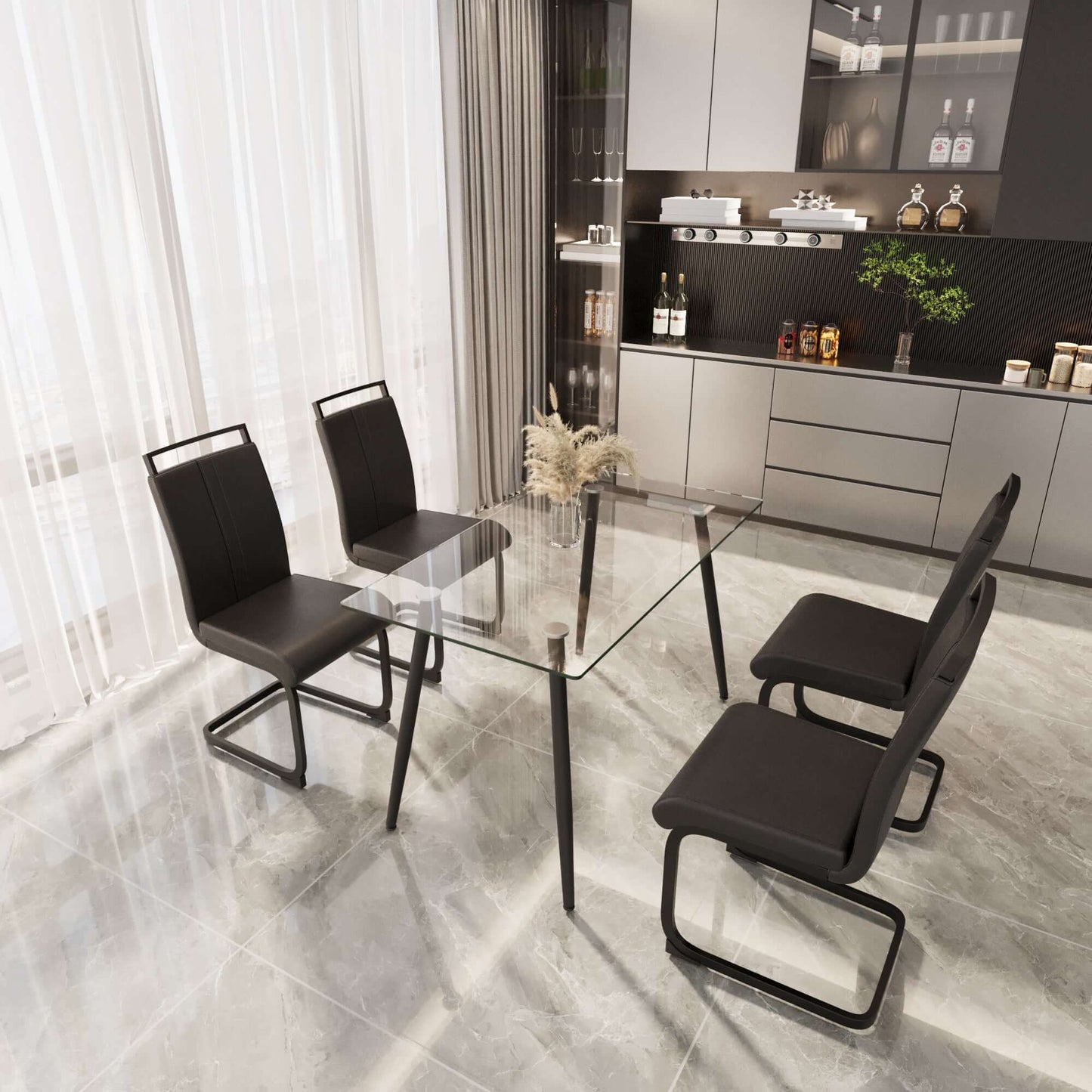 Modern 51 inch glass dining table set for 4 with black metal legs and armless PU dining chairs in a stylish kitchen environment.