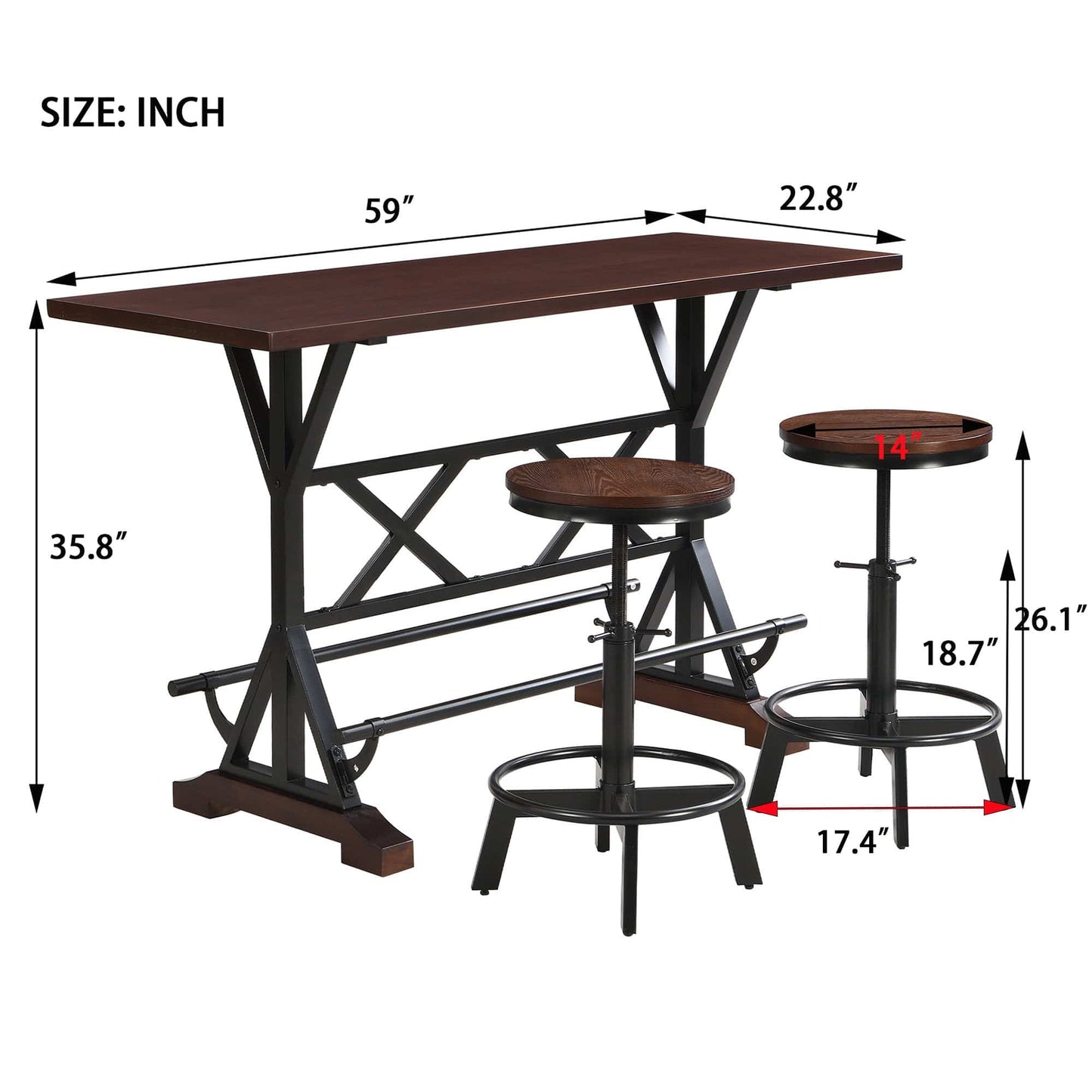 5-Piece Dining Table Set with 59" Rectangular Table and Adjustable Chairs, featuring detailed measurements in inches.