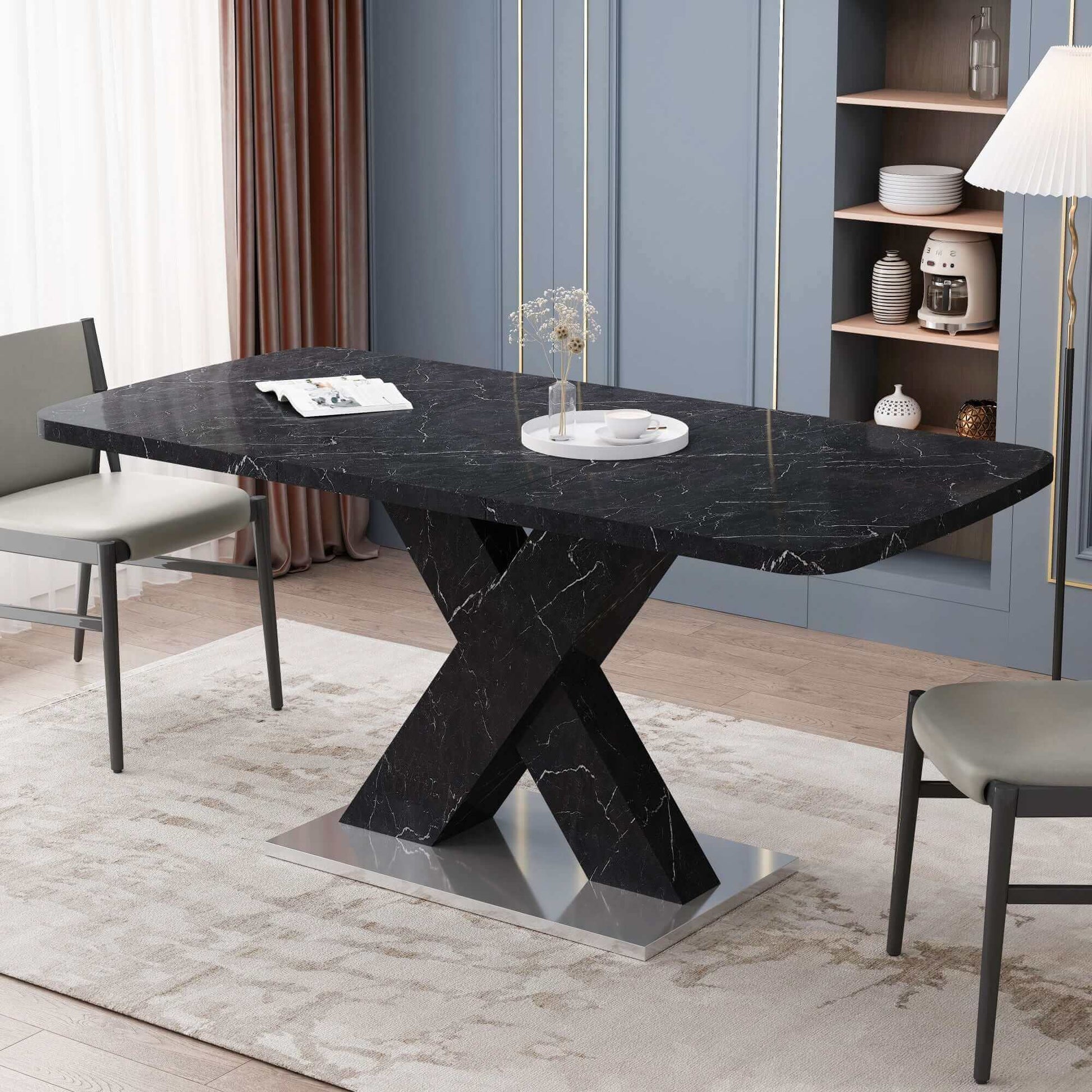 Modern square dining table with black marble finish and minimalist design in stylish dining room