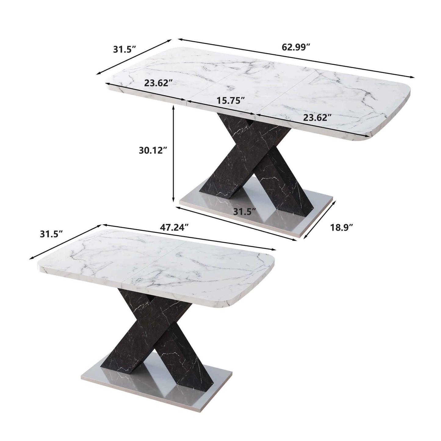 Modern square dining table with marble top and black crossed legs, detailed dimensions shown in inches.