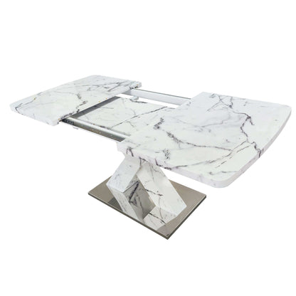 Modern square dining table with marble finish and expandable design on metal base