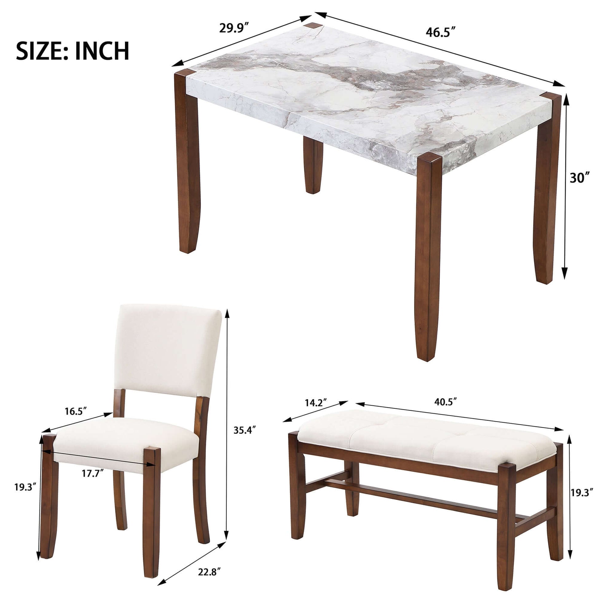 4-piece modern dining set with faux marble table, upholstered chair, and bench. Dimensional guide displayed for table, chair, and bench.