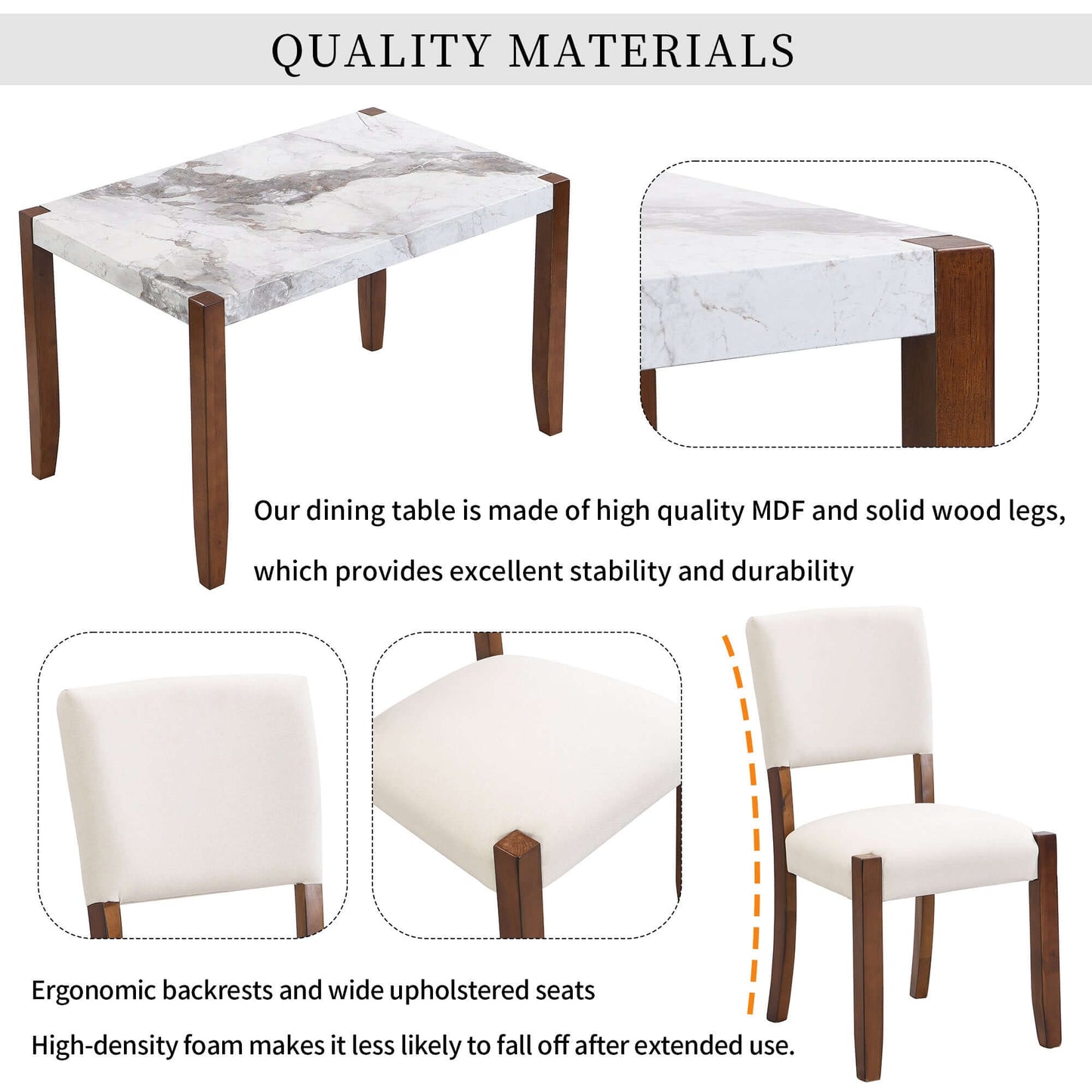 High-quality MDF dining table with faux marble design and solid wood legs, ergonomic upholstered chairs highlighting durability and stability.