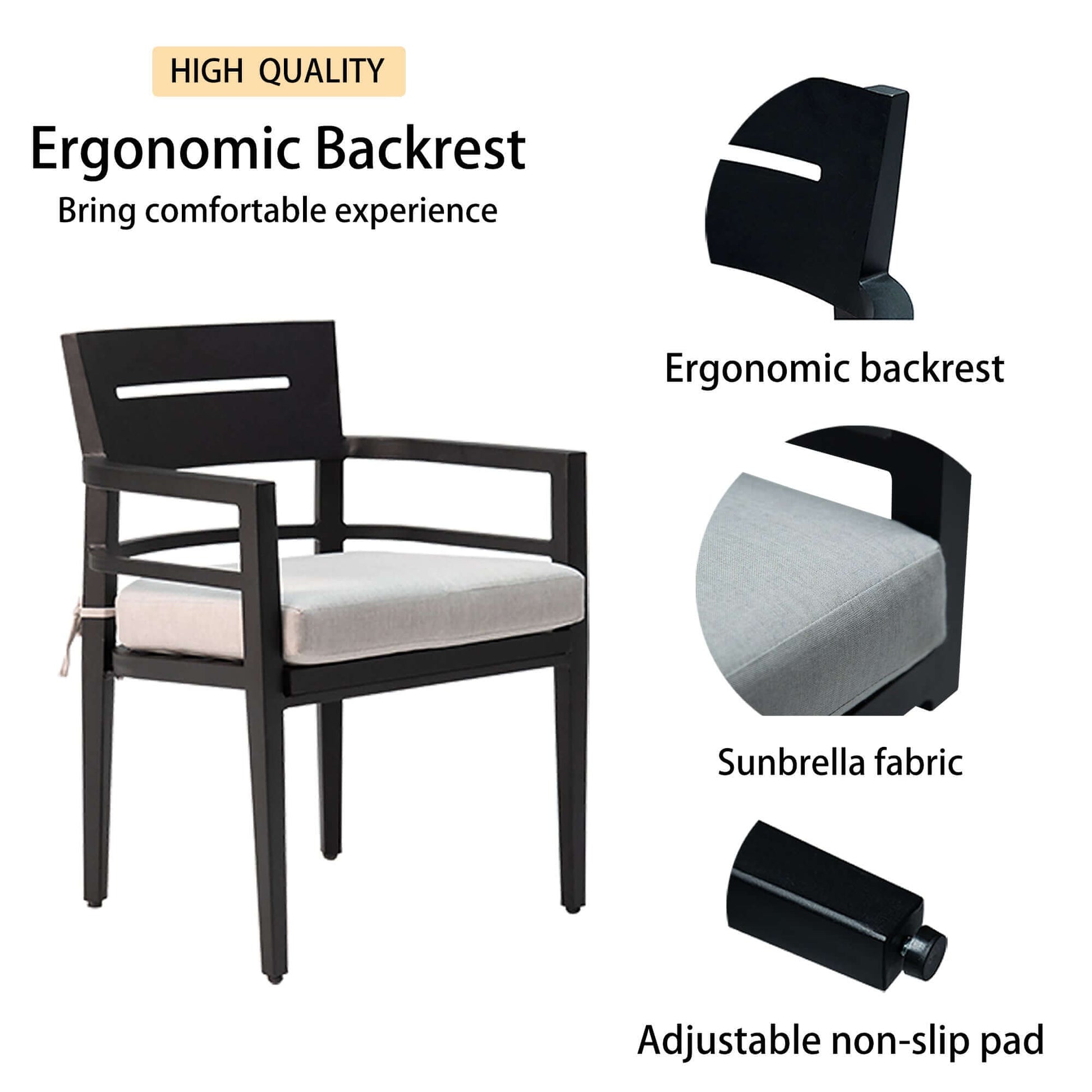 Aluminum patio dining chair with ergonomic backrest, Sunbrella fabric cushion, and adjustable non-slip pad for comfort and durability.