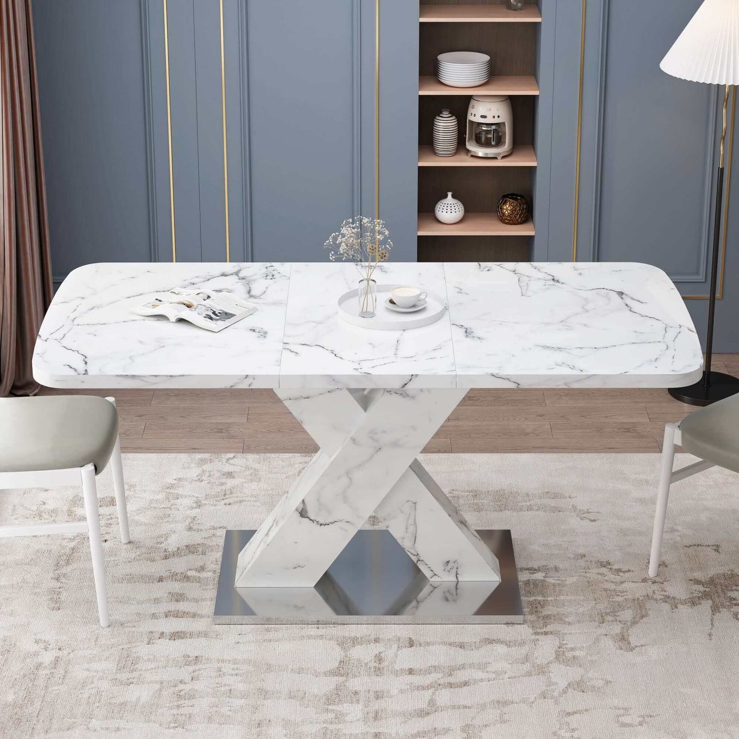 Modern white marble dining table with metal base in a stylish dining room setting