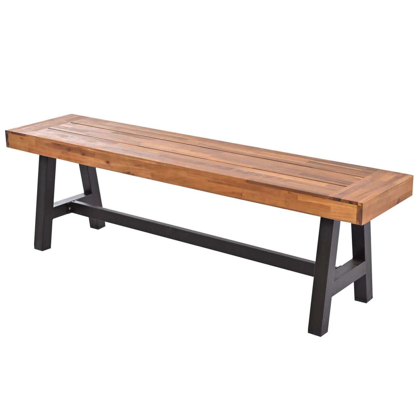 Outdoor acacia wood bench with black metal legs, part of the GO Outdoor Wood Dining Set for 7-8 people.