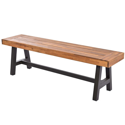 Outdoor acacia wood bench with black metal legs, part of the GO Outdoor Wood Dining Set for 7-8 people.