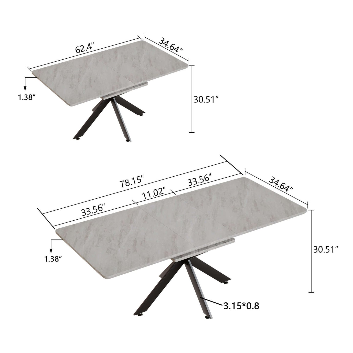 Extendable dining table with dimensions and measurements shown in two different sizes, featuring a modern metal base.