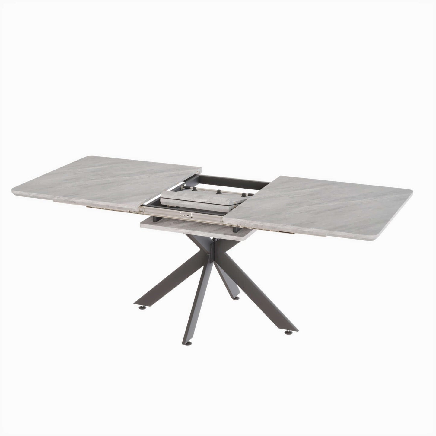 Extendable dining table with grey MDF top and black metal legs, partially extended, suitable for 4-person dining set.