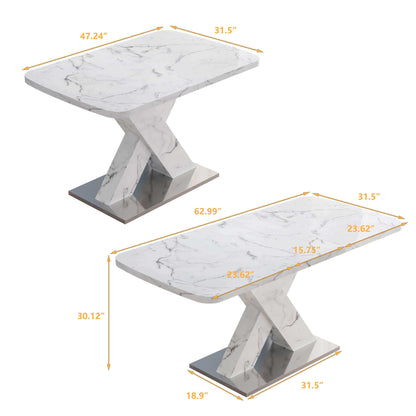 Stretchable modern dining table with white marble top and metal base showing dimensions for different configurations