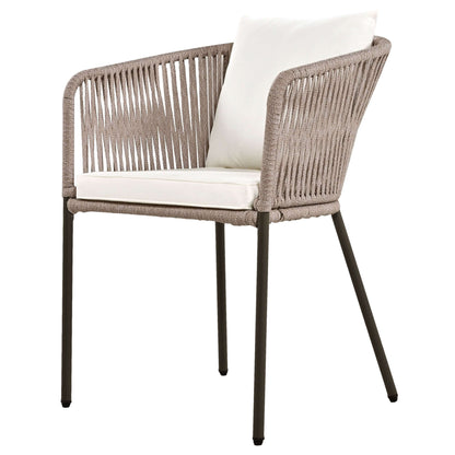 Beige outdoor chair with rope detailing and a metal frame, featuring a white cushion, suitable for patio, garden, or balcony use.