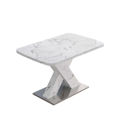 Modern dining table with white marble top and metal base, stretchable for seating adjustments, ideal for stylish dining rooms.