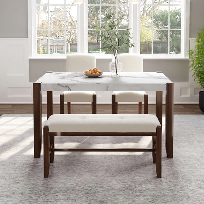 Modern 4-piece dining set with faux marble table, two upholstered chairs, and bench in sunny kitchen.