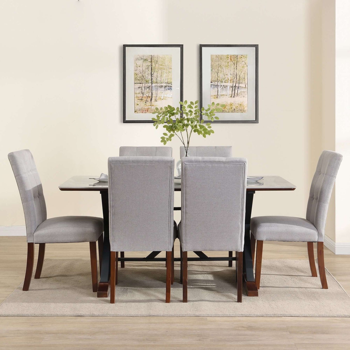 7-piece modern dining table set with gray sintered stone 63-inch rectangle table and 6 tufted upholstered chairs in a stylish dining room