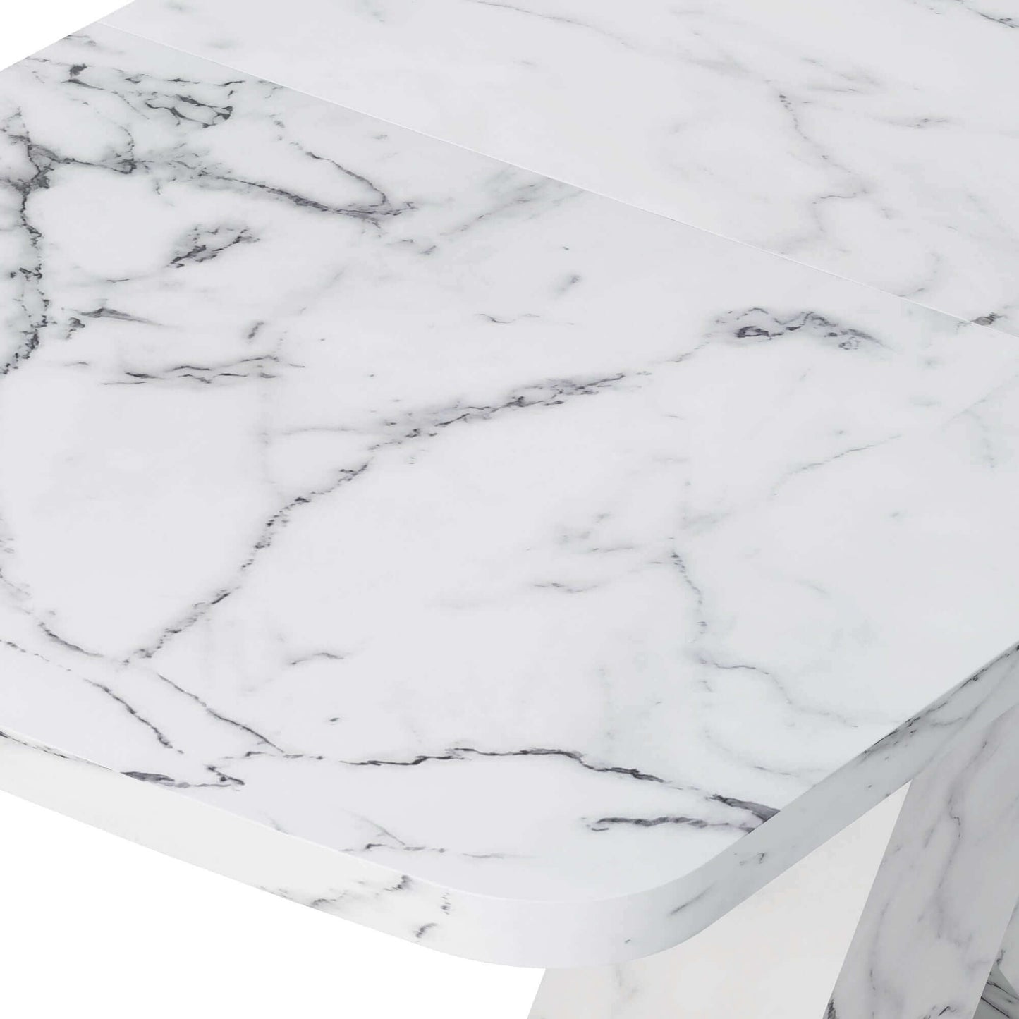 Close-up of a white marble stretchable dining table with metal base, showcasing elegant design and durable material for modern dining rooms.