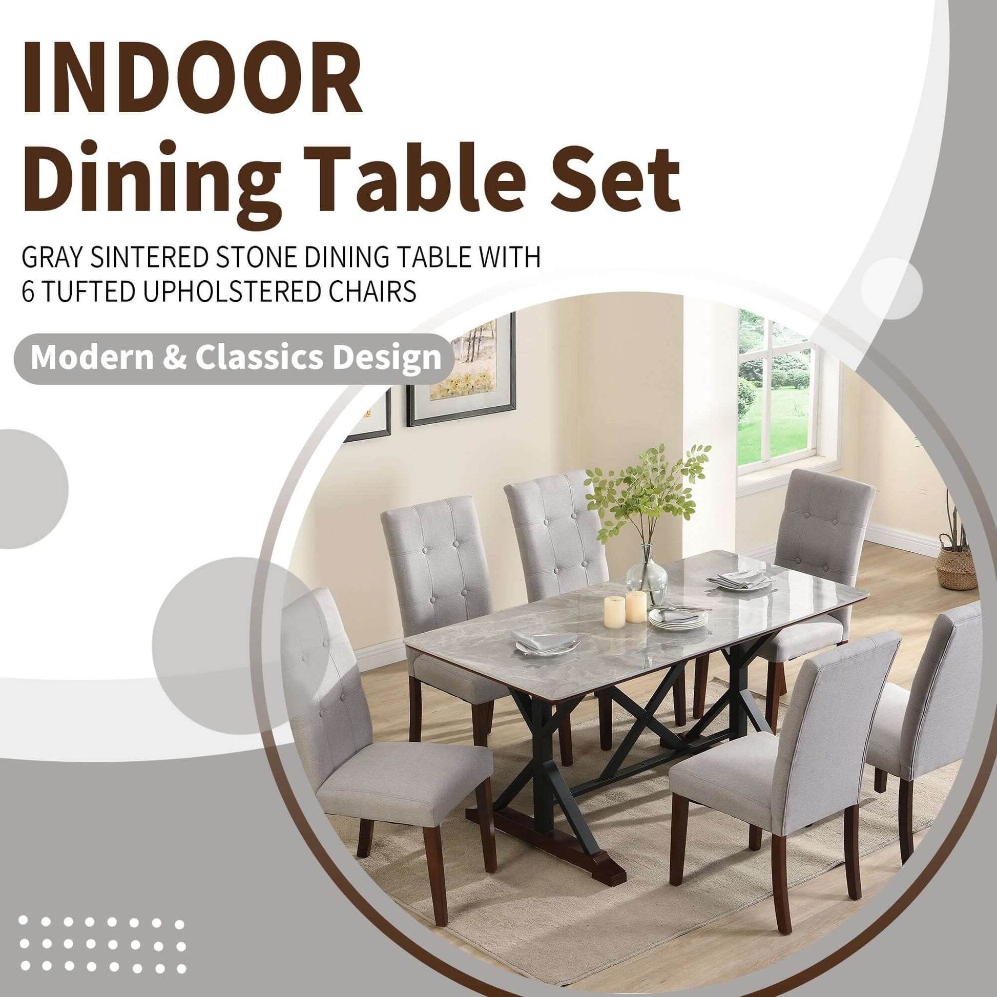 7-piece modern dining table set with gray sintered stone dining table and 6 tufted upholstered chairs in a contemporary dining room.