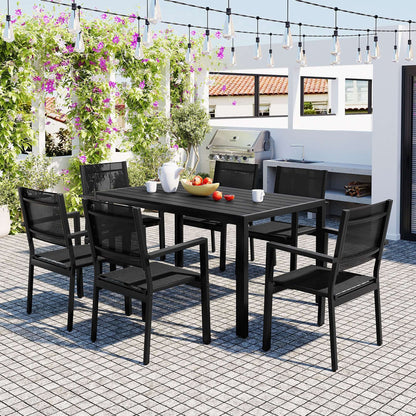 High-quality steel outdoor table and chair set for patio, balcony, and backyard, seating 6, in modern black design, perfect for outdoor dining