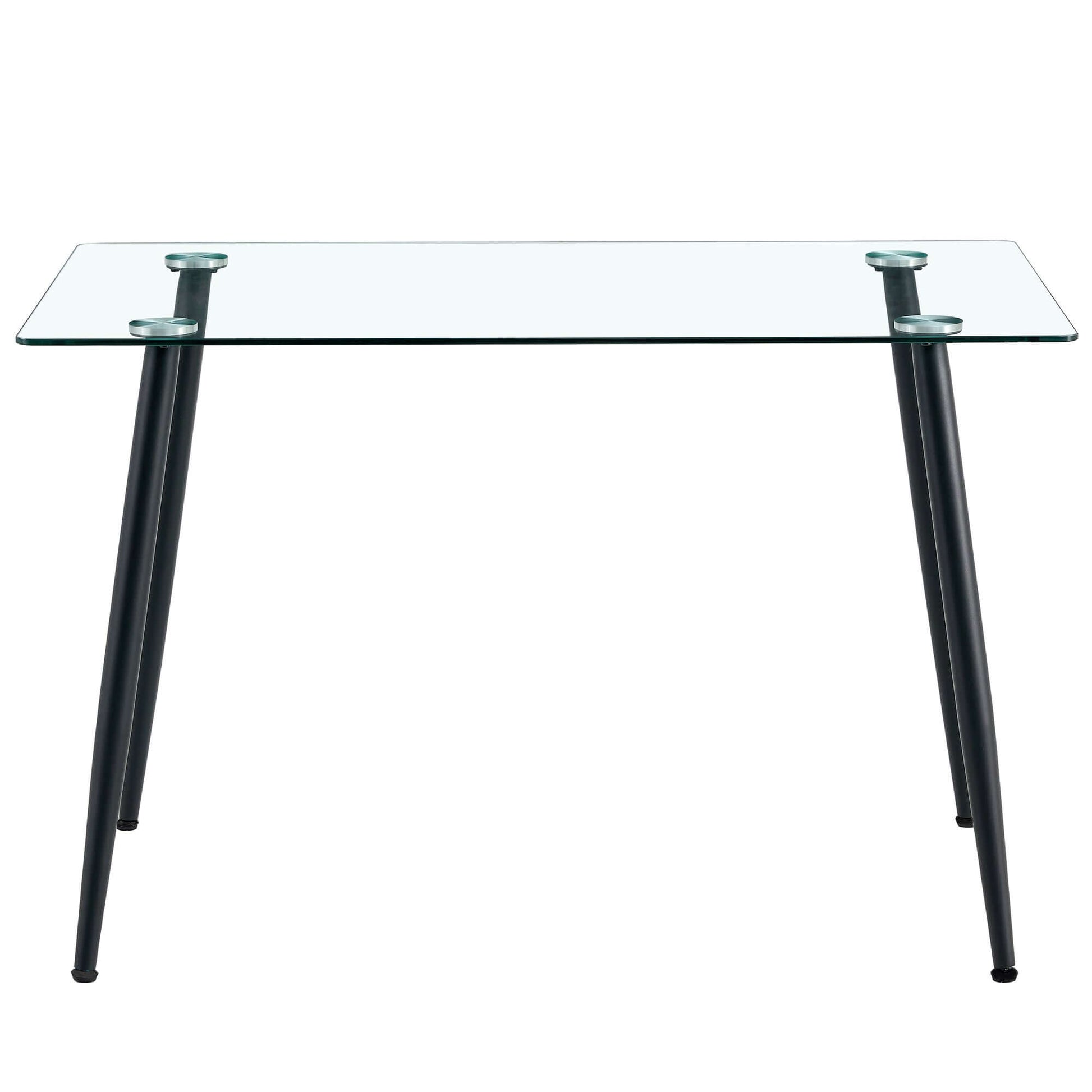 51 inch glass dining table with black metal legs, modern rectangle tempered glass table top for dining room or kitchen.