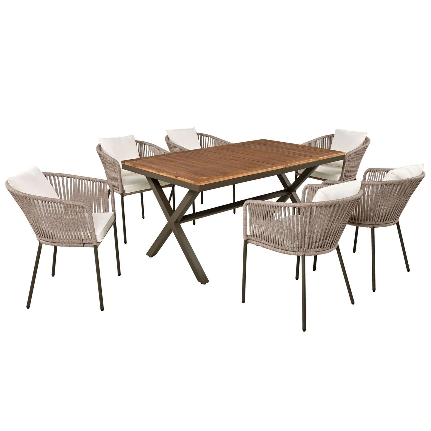 GO 7 Pieces Patio Dining Set with Acacia Wood Tabletop, Beige Cushions, Metal Frame for Garden, Backyard, Balcony.