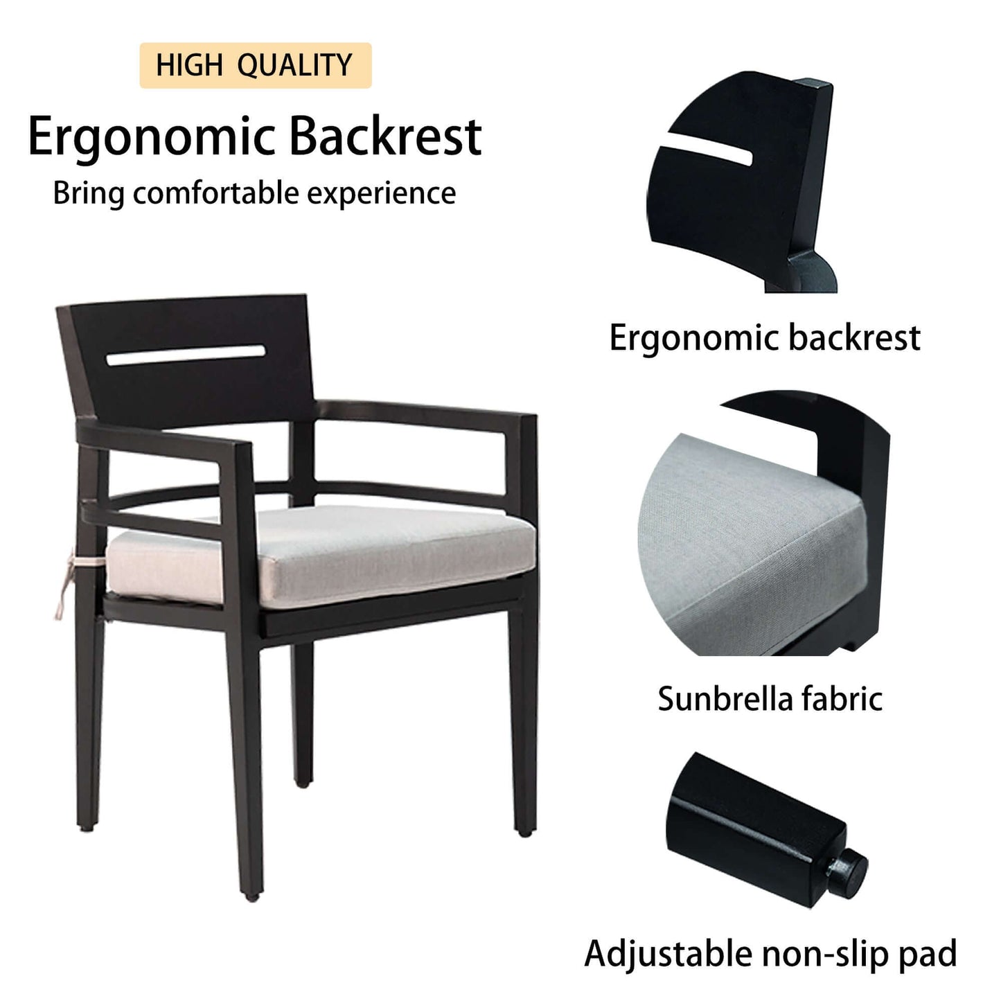 5-piece outdoor patio dining chair with ergonomic backrest, Sunbrella fabric cushion, and adjustable non-slip pad, Ember Black.