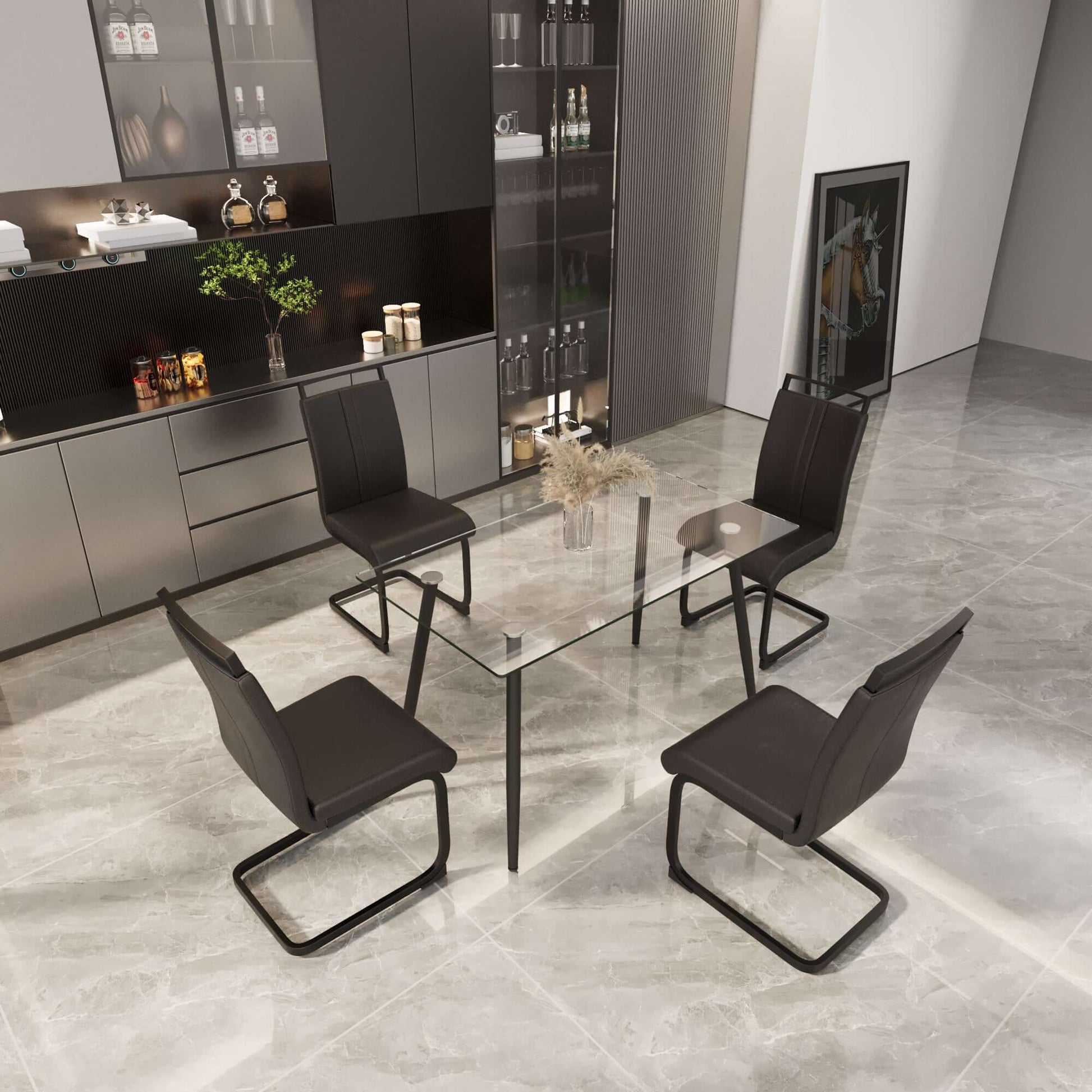 Modern 51 inch glass dining table set for 4 with black metal legs and armless PU chairs in a sleek kitchen.