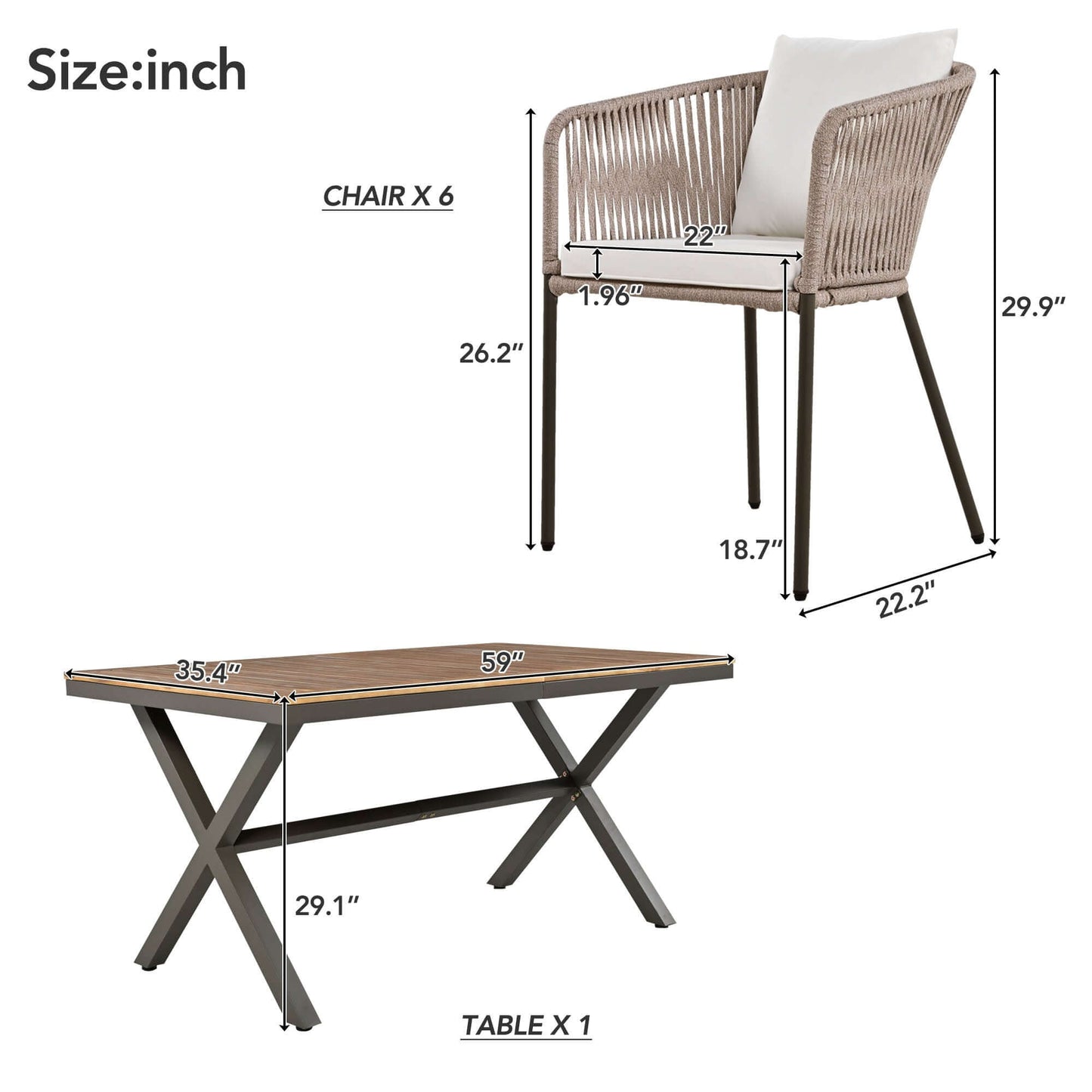 Dimensions of GO 7 Pieces Patio Dining Set including dining table and chairs with measurements in inches.