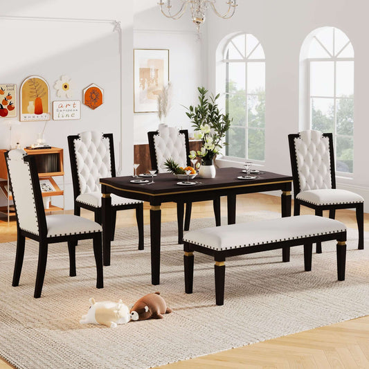 6-Piece Kitchen Dining Table Set with 62.7" Rectangular Table, 4 High-Back Tufted Chairs, and 1 Bench in Espresso Finish, Dining Room Setting