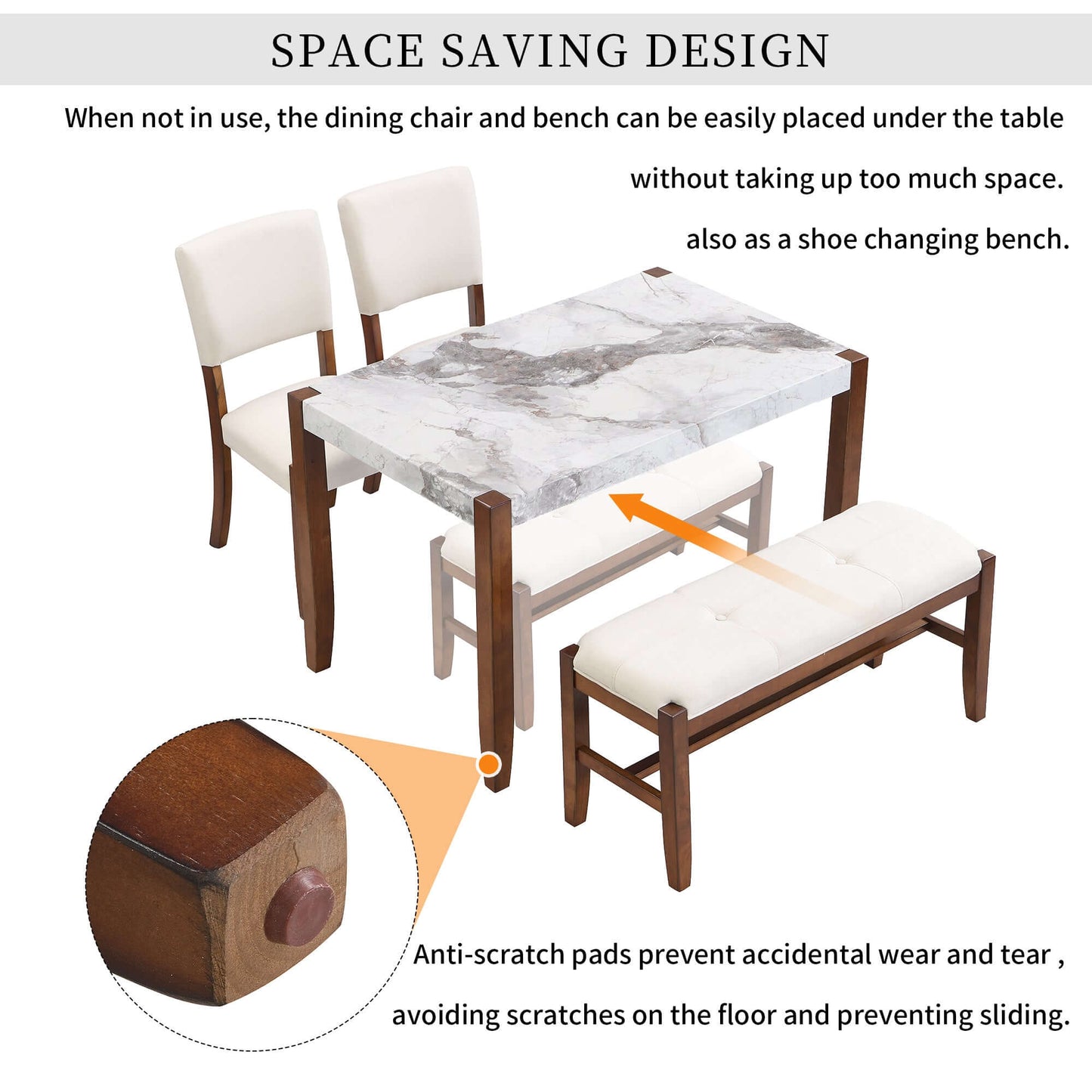 Space-saving 4-piece modern dining set with faux marble table, 2 upholstered chairs, and bench with wood legs, highlighting anti-scratch pads.