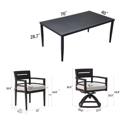 Aluminum patio dining table and chairs with dimensions, including Swivel Rocker and dining table with umbrella hole, Ember Black finish.