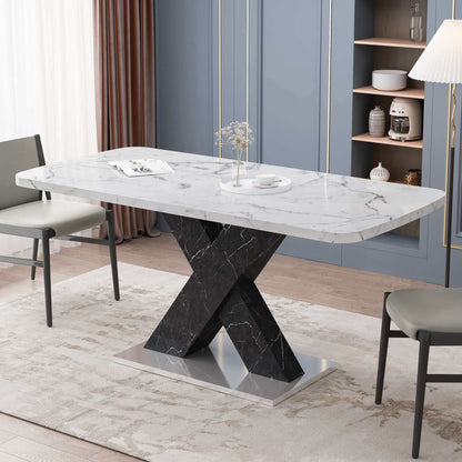 Modern square dining table with sleek lines, minimalist design, black and white marble top, and high-quality MDF materials in a stylish dining room.