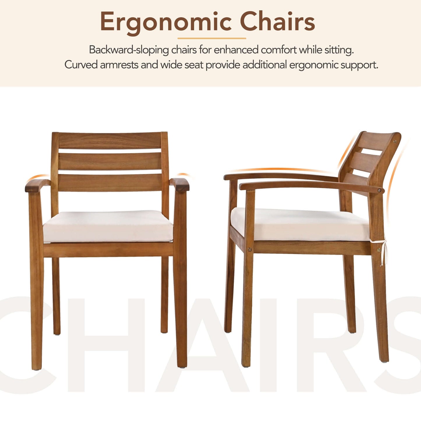 Two acacia wood ergonomic chairs with backward-sloping seats and curved armrests for outdoor dining furniture.