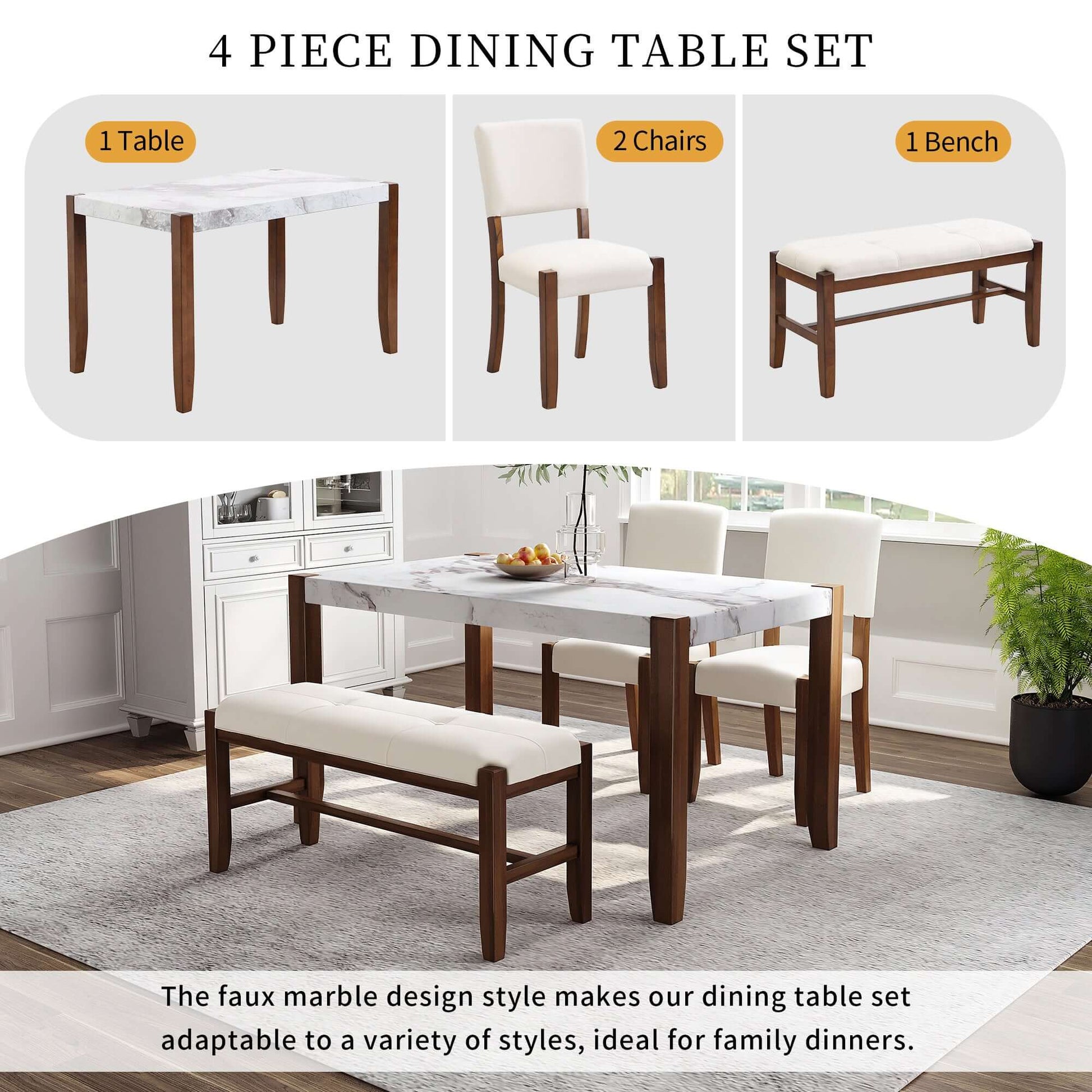 4-piece modern dining furniture set with faux marble table, two upholstered chairs, and bench. Stylish dining solution for family dinners.