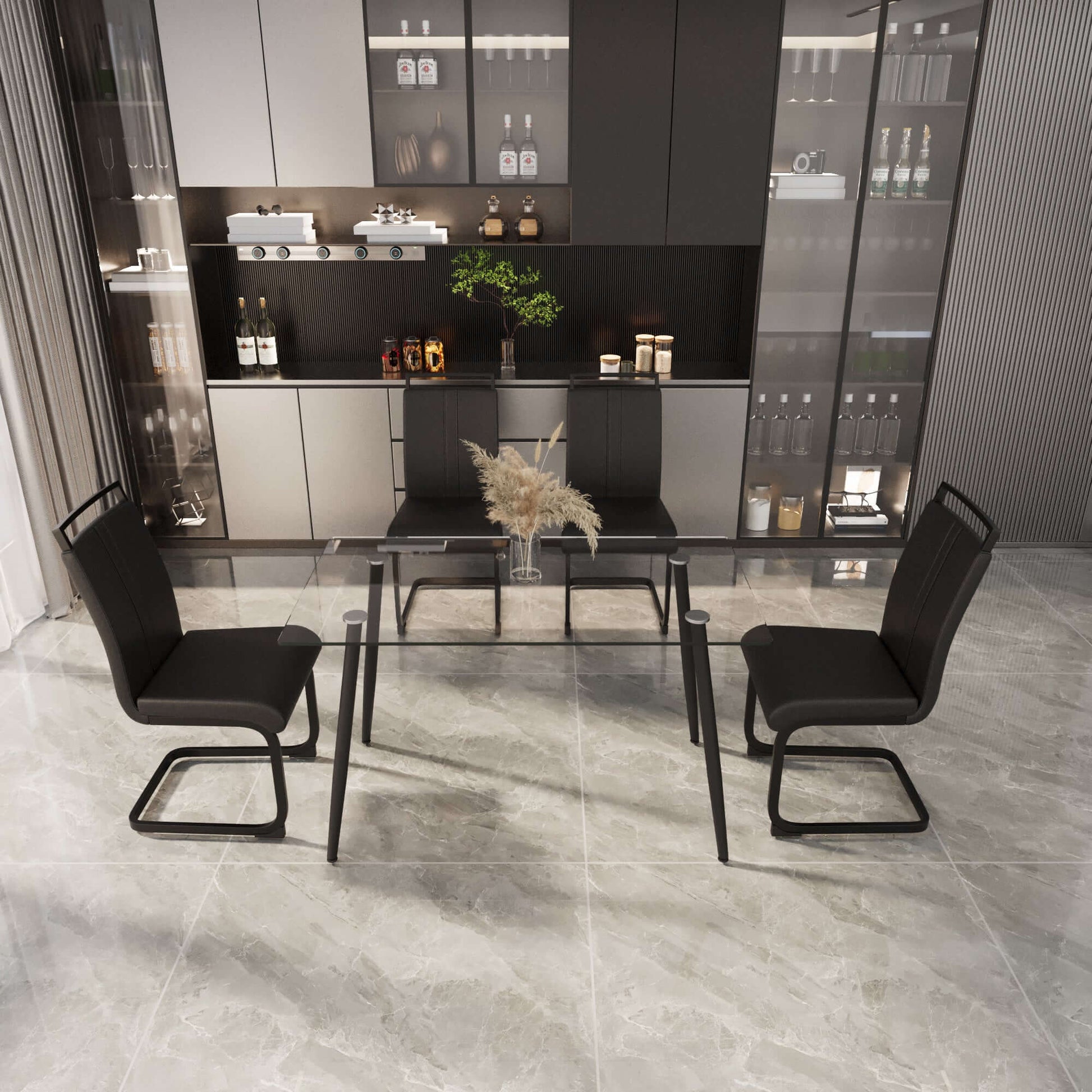 Modern 51 inch glass dining table set for 4 with black metal legs and armless PU chairs in contemporary kitchen dining room.