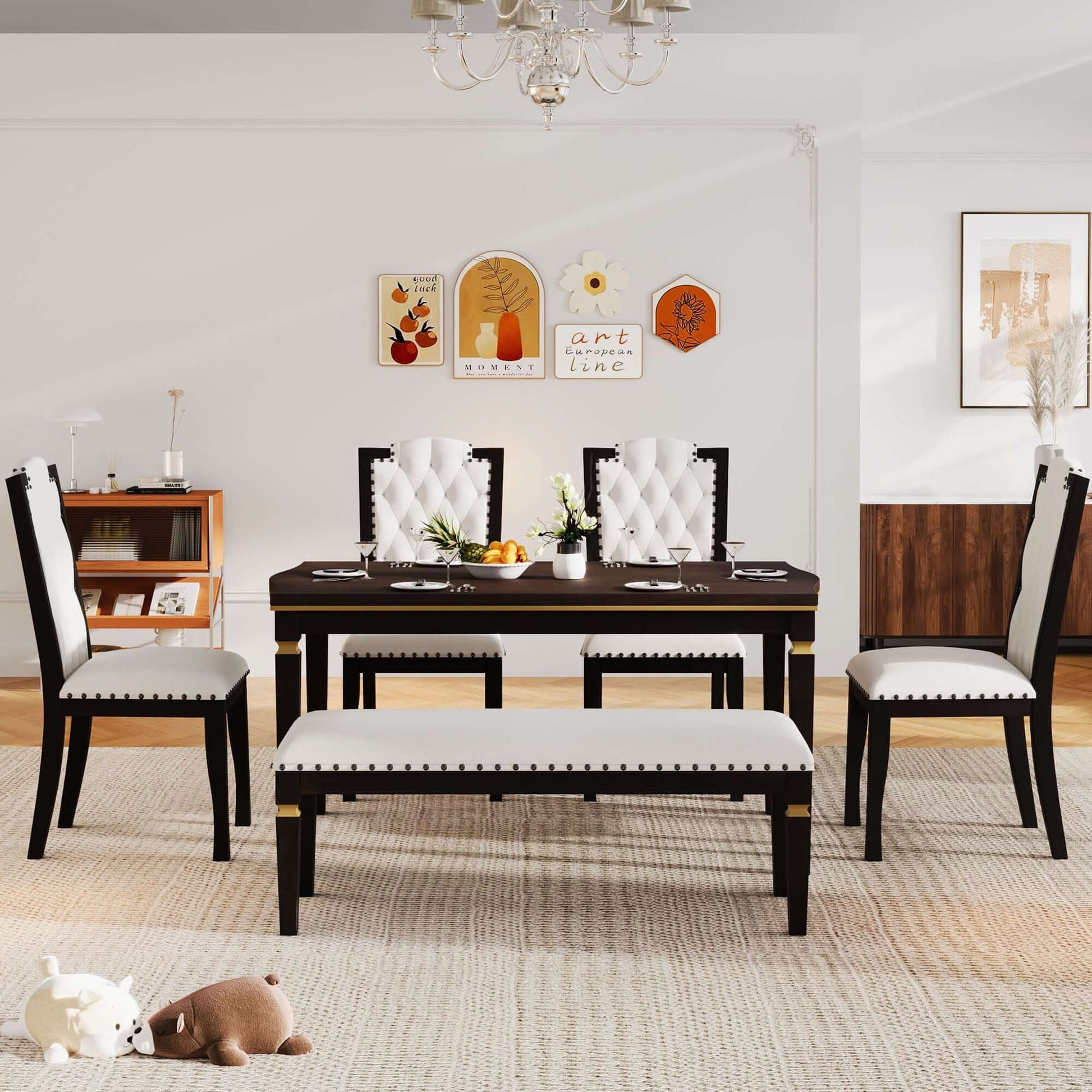 6-piece kitchen dining table set with espresso finish, 4 high-back tufted chairs, 1 bench, and 62.7" rectangular table in modern dining room