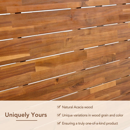 Close-up of natural Acacia wood panel showcasing unique variations in wood grain and color.