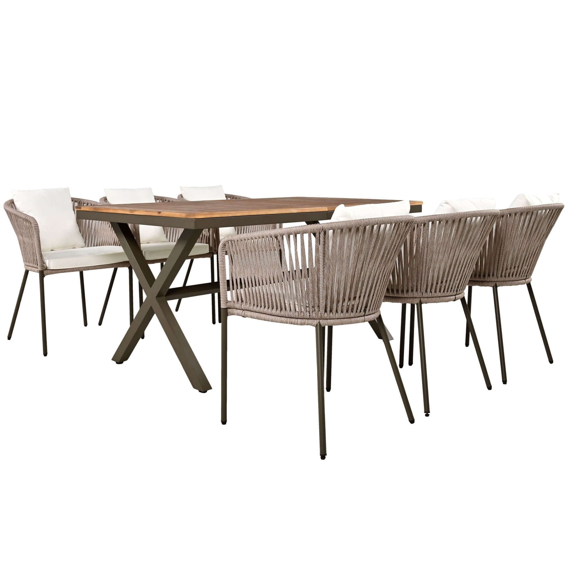 GO 7 Pieces Patio Dining Set with Acacia Wood Tabletop and Beige Cushions, Metal Frame for Garden, Backyard, and Balcony.