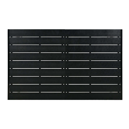Black steel outdoor table top with slatted design for U-Style High-quality Outdoor Table and Chair Set. Suitable for patio, balcony, or backyard.
