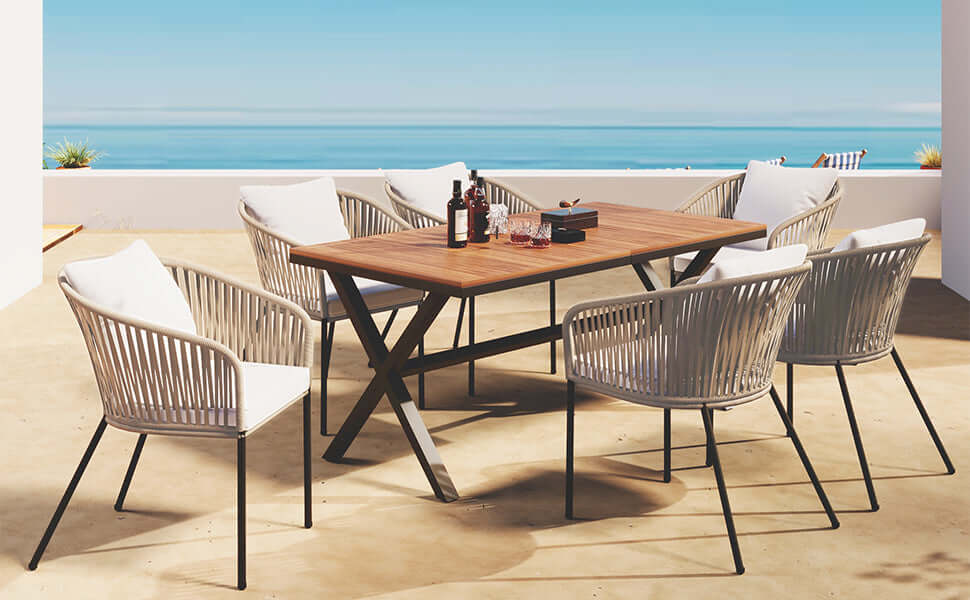GO 7 Pieces Patio Dining Set with Acacia Wood Tabletop, Beige Cushions, and Metal Frame, ideal for Garden, Backyard, and Balcony.