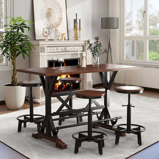 5-piece dining table set with stabilizing base and adjustable chairs in modern dining room with fireplace and large windows.